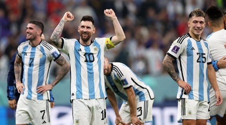 LUSAIL CITY, QATAR - DECEMBER 13: Lionel Messi of Argentina celebrates the team&#039;s 3-0 victory in the FIFA World Cup Qatar 2022 semi final match between Argentina and Croatia at Lusail Stadium on December 13, 2022 in Lusail City, Qatar. (Photo by Clive Brunskill/Getty Images)