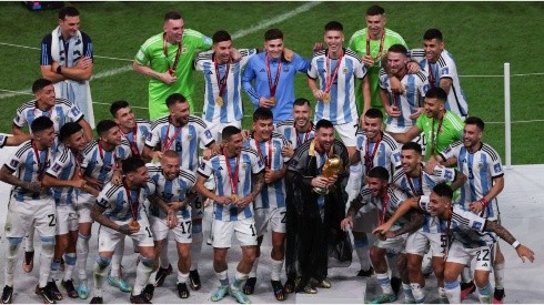 Lionel Messi of Argentina lifts the FIFA World Cup Trophy