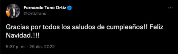 Mensaje de agradecimiento de Fernando Ortíz | Twitter