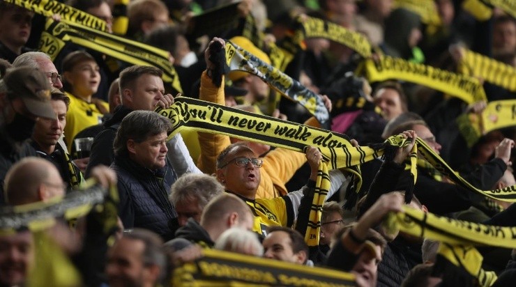 Fans of Dortmund show their support prior to the Bundesliga match between Borussia Dortmund and VfL Bochum 1848 at Signal Iduna Park (Photo by Dean Mouhtaropoulos/Getty Images)