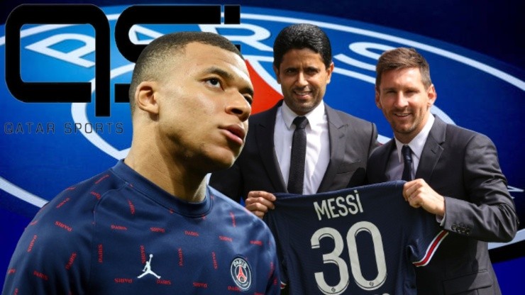 Kylian Mbappé, Nasser Al-Khelaifi y Lionel Messi en PSG.