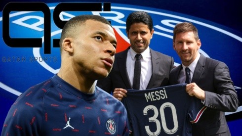 Kylian Mbappé, Nasser Al-Khelaifi y Lionel Messi en PSG.