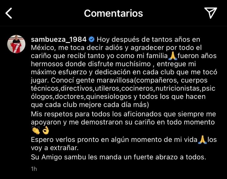 El mensaje de Rubens Sambueza (Captura de Instagram)