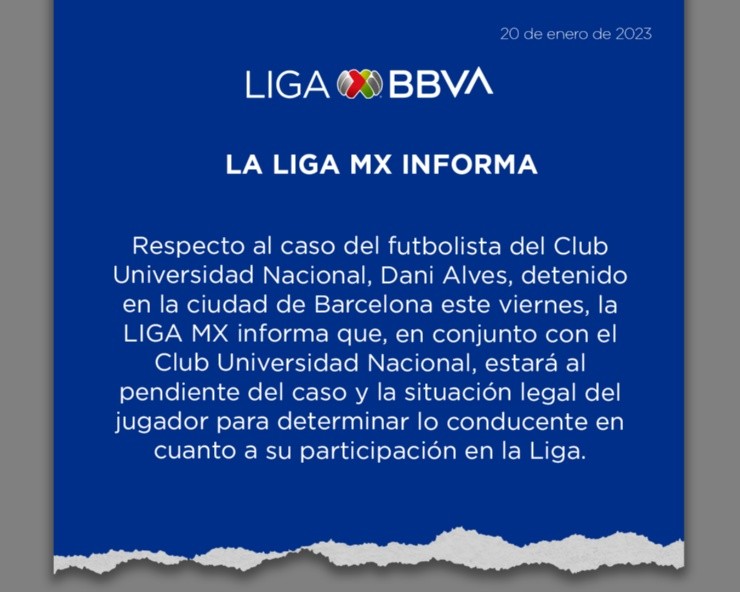 Comunicado de la Liga MX sobre Dani Alves | Twitter