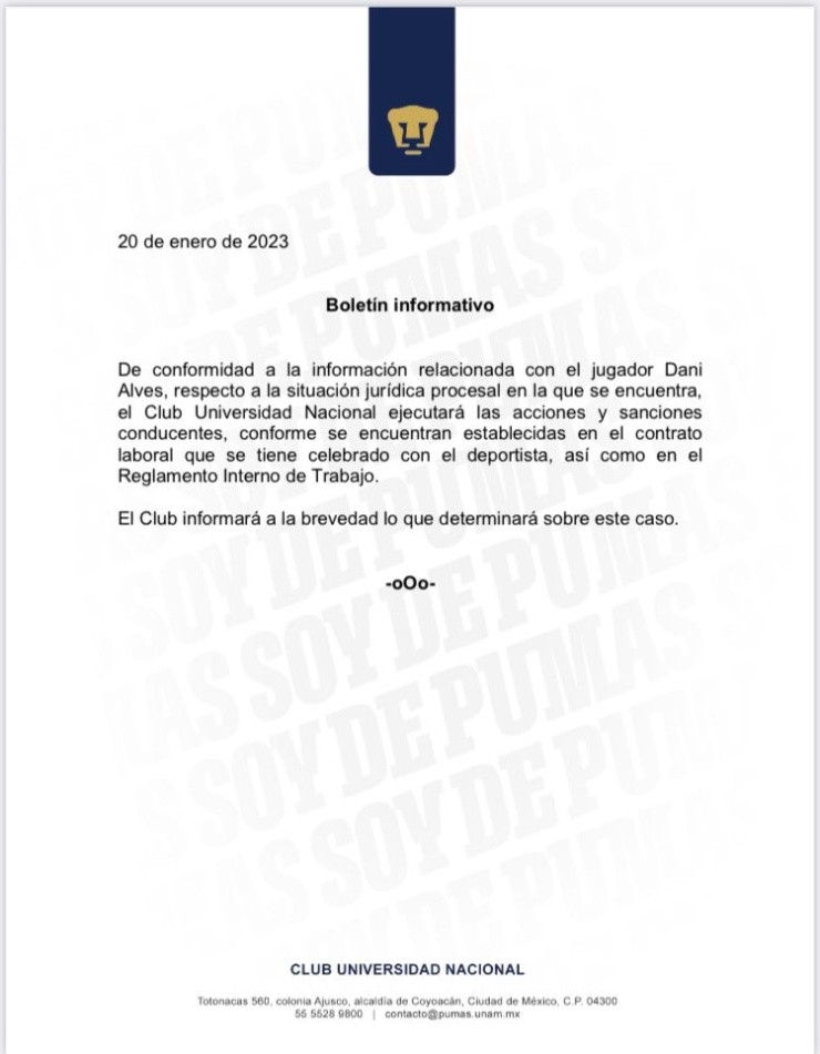 El comunicado de Pumas al respecto (@PumasMX)