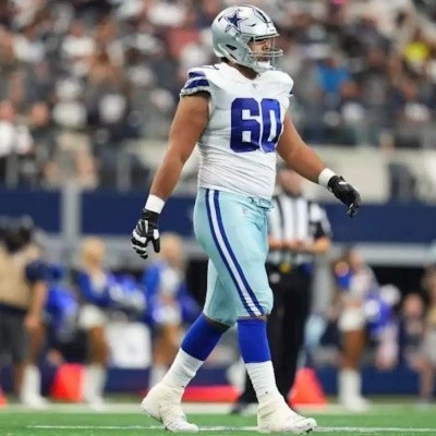 Dallas Cowboys offensive tackle Isaac Alarcon (60) waits for play to begin  during the second half of an NFL preseason football game against the  Jacksonville Jaguars, Saturday, Aug. 12, 2023, in Arlington