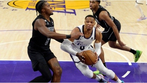Russell Westbrook #0 of the Los Angeles Lakers drives to the basket against David Duke Jr. #6 of the Brooklyn Nets