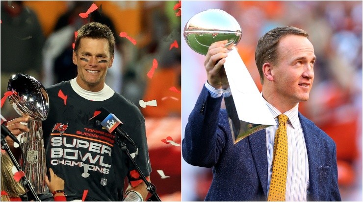 Brady y Manning con sus trofeos. (Getty Images)