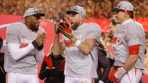 The Chiefs celebrating the 2023 AFC Championship title.