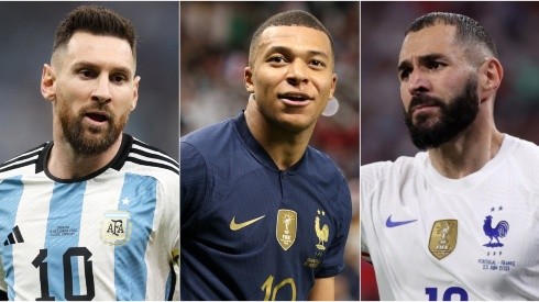 Lionel Messi (left), Kylian Mbappe (c) and Karim Benzema.