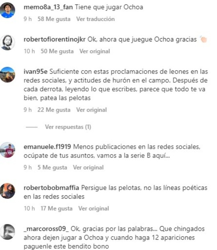 Algunos de los comentarios de los aficionados del Salernitana (Captura de Instagram)