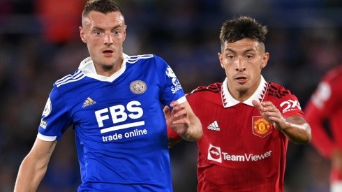 Jamie Vardy of Leicester and Lisandro Martinez of Manchester United