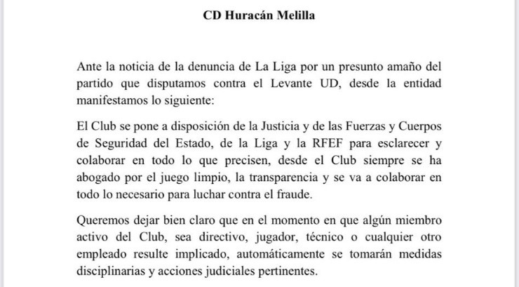 Comunicado del Melilla sobre las acusaciones.