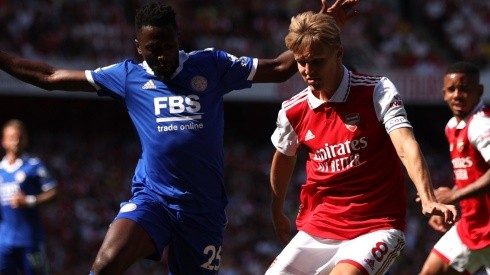 Wilfred Ndidi of Leicester and Martin Odegaard of Arsenal