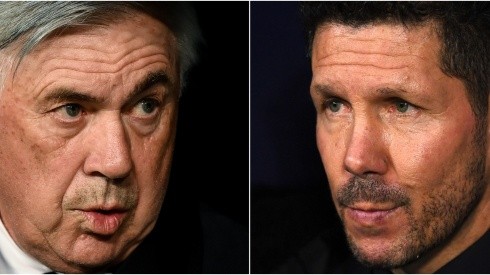 Carlo Ancelotti of Real Madrid CF (L) and Diego Simeone, Manager of Atletico Madrid