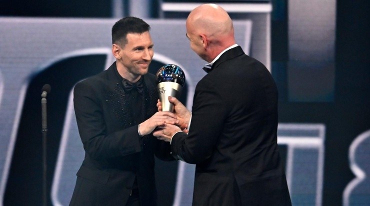 Lionel Messi is congratulated by Gianni Infantino, President of FIFA after being presented with the Best FIFA Men&#039;s Payer 2022 award during The Best FIFA Football Awards 2022 on February 27, 2023 in Paris, France. (Photo by Aurelien Meunier/Getty Images)