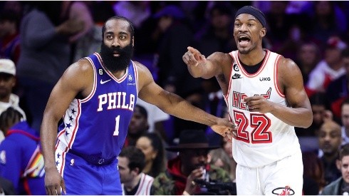 James Harden #1 of the Philadelphia 76ers and Jimmy Butler #22 of the Miami Heat