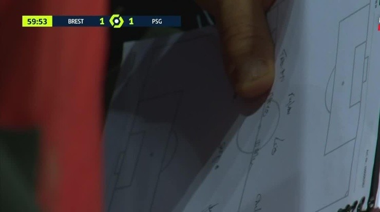 La libreta de Christophe Galtier en el PSG vs. Brestois. 
    Captura de transmisión oficial Ligue 1.