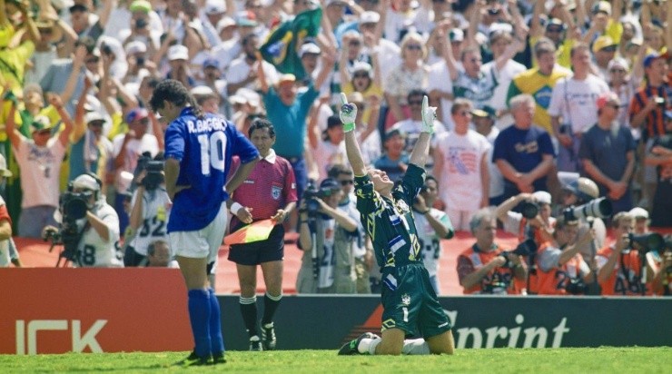 Brazil goalkeeper Taffarel celebrates after Roberto Baggio of Italy had missed his penalty to decide the FIFA World Cup Final 1994 between Brazil and Italy at the Rose Bowl on July 17, 1994 in Pasadena, California, United States, Brazil beat Italy 3-2 in a penalty shootout to win the World Cup. Photo by Shaun Botterill/Allsport/Getty Images)