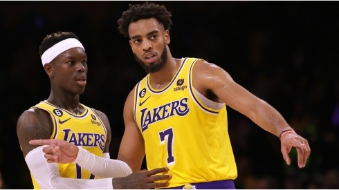 Troy Brown Jr. #7 and Dennis Schroder #17 of the Los Angeles Lakers