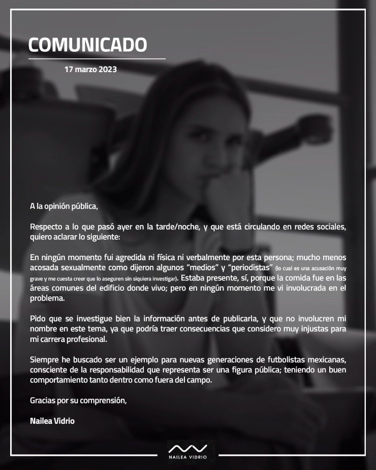 Comunicado de Nailea Vidrio | Twitter