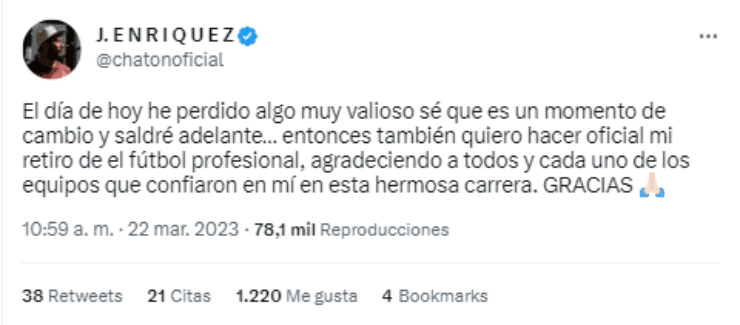 Chatón Enríquez se retira del futbol