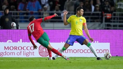 Momento del gol de Marruecos sobre Brasil.