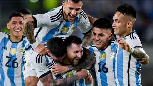 Lionel Messi of Argentina celebrates with teammates