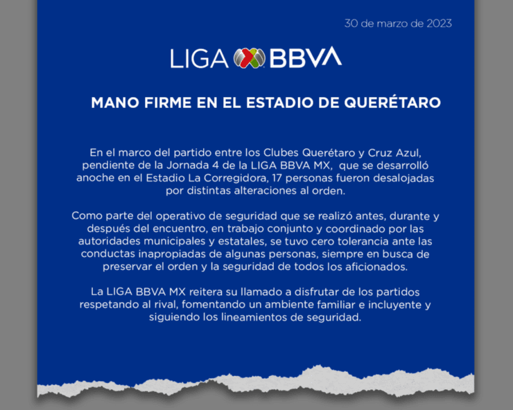 Comunicado de la Liga MX por la violencia en Querétaro.