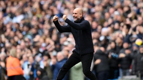 Pep Guardiola celebrating during the match between Manchester City and Liverpool in the 2022-2023 Premier League