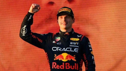 Max Verstappen on the podium after winning the 2023 F1 Australian Grand Prix