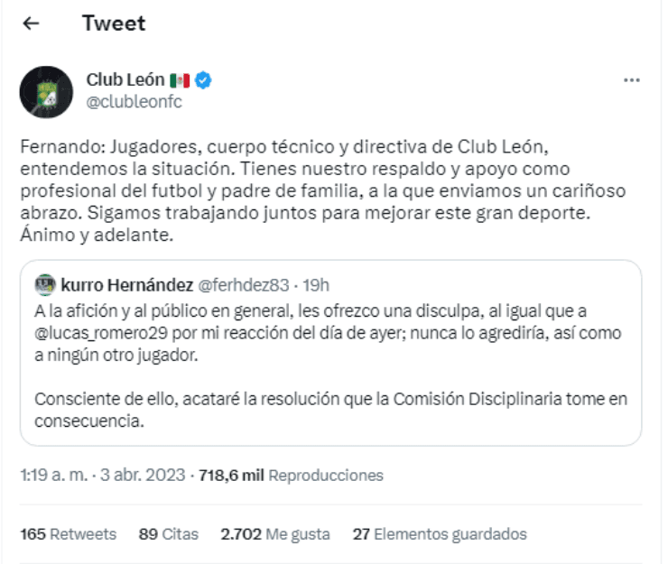 León acepta las disculpas públicas de Fernando Hernández (Twitter @clubleon)