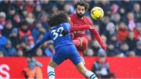 Mohamed Salah of Liverpool shoots past Marc Cucurella of Chelsea