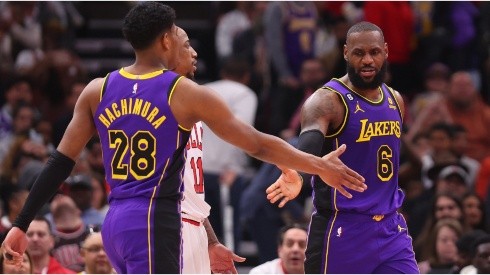 Rui Hachimura #28 and LeBron James #6 of the Los Angeles Lakers