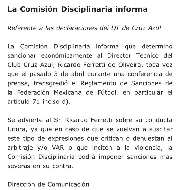 Comunicado de la Comisión Disciplinaria.