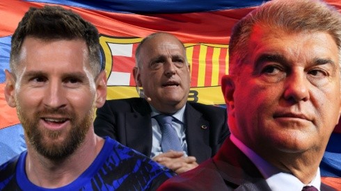 Lionel Messi, Joan Laporta y Javier Tebas.