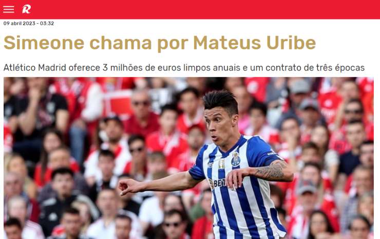 Atlético Madrid va por Uribe. (Captura Récord Portugal)