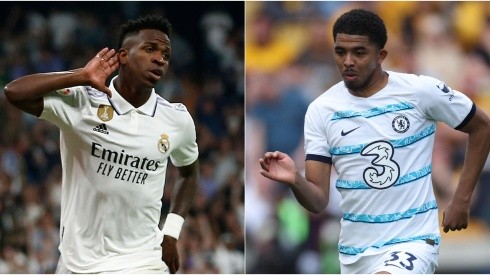 Vinicius Junior of Real Madrid (L) and Wesley Fofana of Chelsea FC (R)