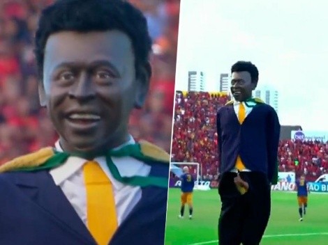 Muñeco gigante y extraño de Pelé que causa risas y terror, en Brasil