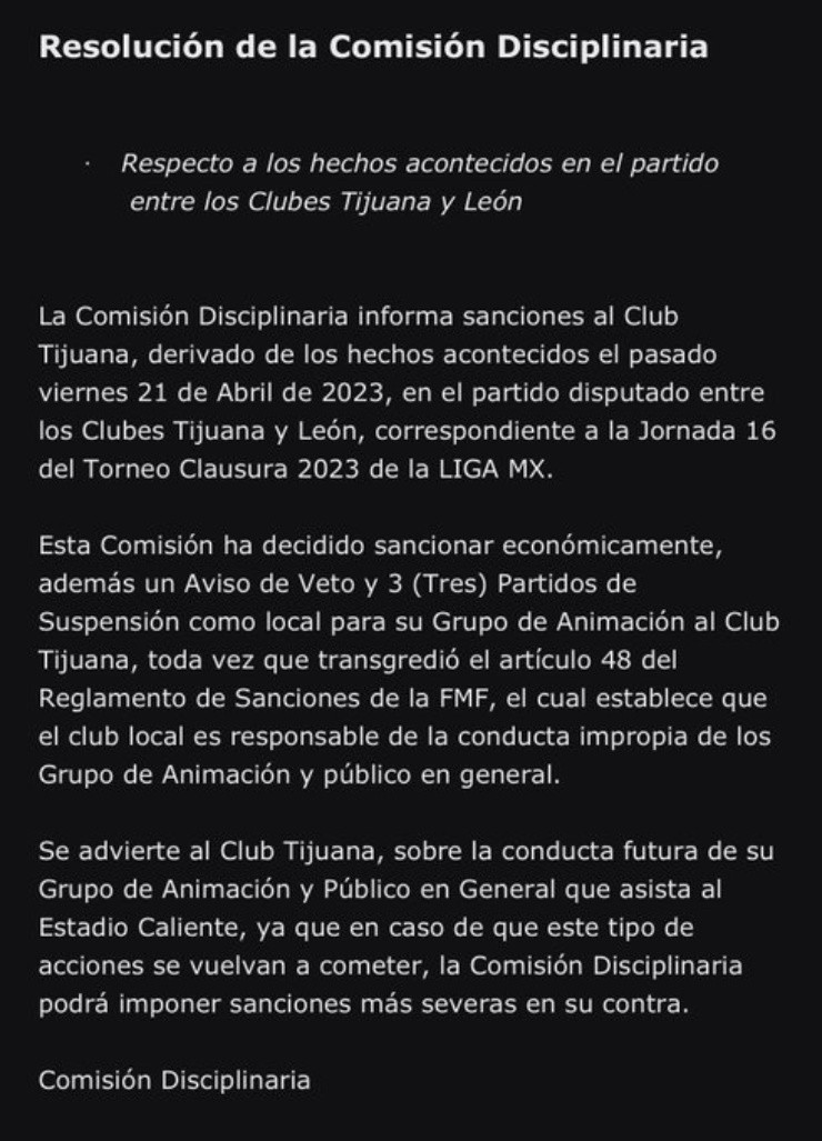 Castigo Estadio Caliente | Liga MX