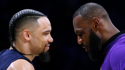 Dillon Brooks (left) talking to LeBron James before Game 3 of the Memphis Grizzlies vs Los Angeles Lakers series (2023)