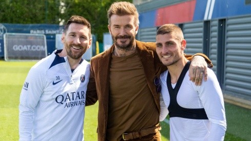 David Beckham junto a Lionel Messi y Marco Verratti