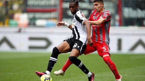 April 23, 2023, Udine, Italy: Udinese s Kingsley Ehizibue (L) and Cremonese s Johan Vasquez in action during the Italian