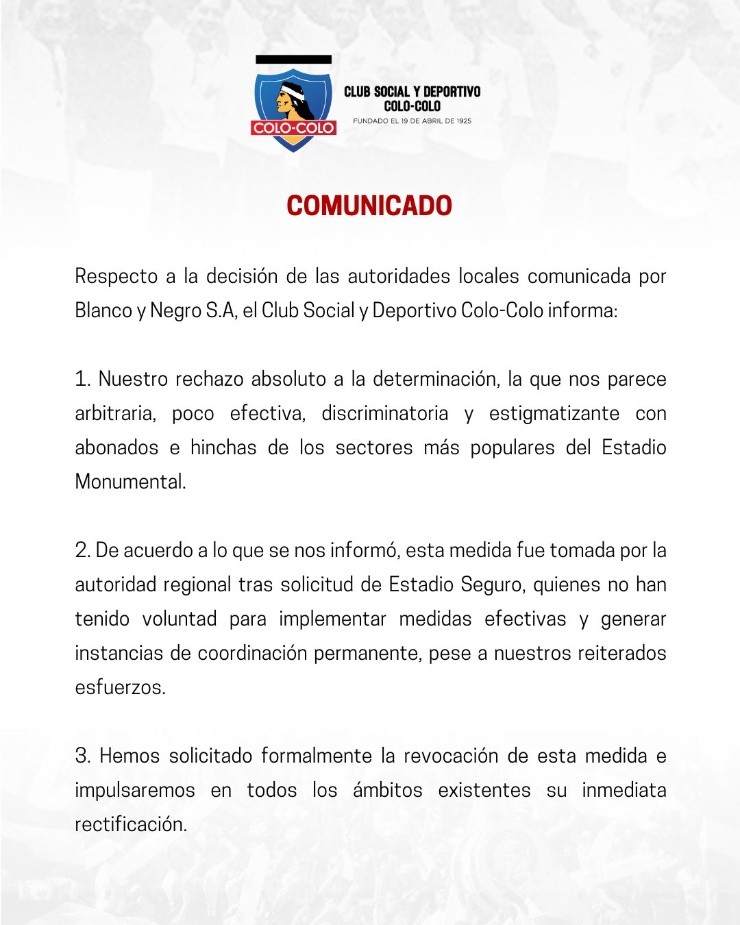 Comunicado Club Social Deportivo Colo Colo