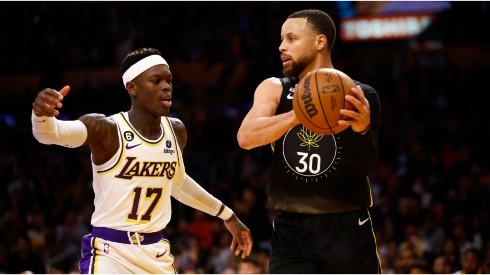 Stephen Curry #30 of the Golden State Warriors controls the ball against Dennis Schroder #17 of the Los Angeles Lakers
