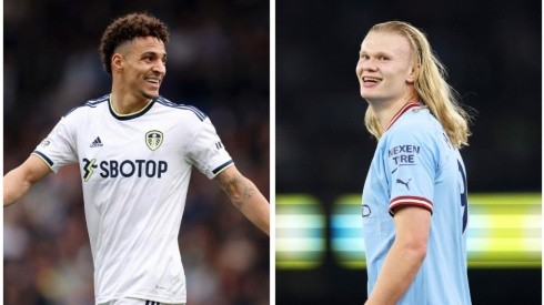 Foto 1; Rodrigo Moreno, brasileiro naturalizado espanhol, artilheiro do Leeds na Premier League - Por: Matt McNulty/Getty Images; Foto 2: Haaland, artilheiro do Manchester City na Premier League e maior goleador da competição - Por: Catherine Ivill/Getty Images