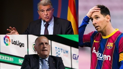 Joan Laporta, Javier Tebas y Lionel Messi.