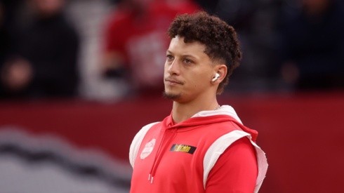 Patrick Mahomes looks on before a Chiefs game.
