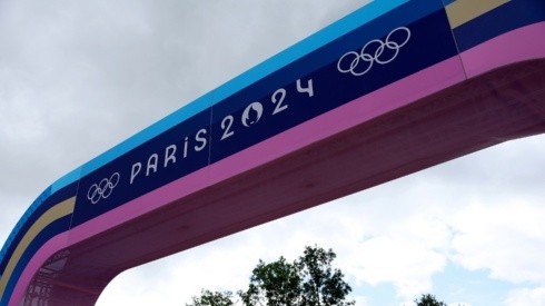 A general view of the Paris 2024 logo on the finish line of the Elancourt Hill mountain bike course ahead of the Paris Olympic Games on July 23, 2024 in Paris, France.