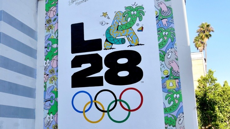 The LA28 Olympic mural by Artist Steven Harrington is displayed on the corner of Stanley street and Sunset Boulevard on September 01, 2020 in Los Angeles, California. The mural is one of three LA28 logo murals revealed throughout Los Angeles to celebrate the upcoming Games of the XXXIV Olympiad. The 2028 Summer Olympics are scheduled to take place from July 21, 2028 to August 6, 2028. (Photo by Frazer Harrison/Getty Images)